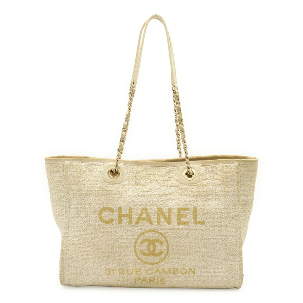 CHANEL Deauville Line Tote MM Medium Bag Chain Shoulder White Gold A67001
